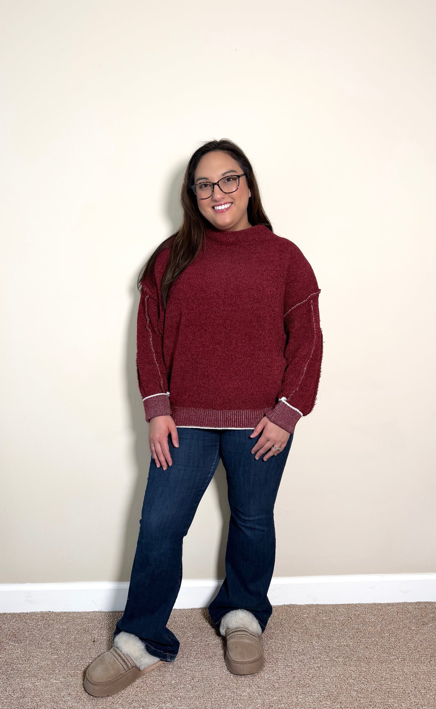 Vintage Velvet Mock-Neck Sweater- Cabernet