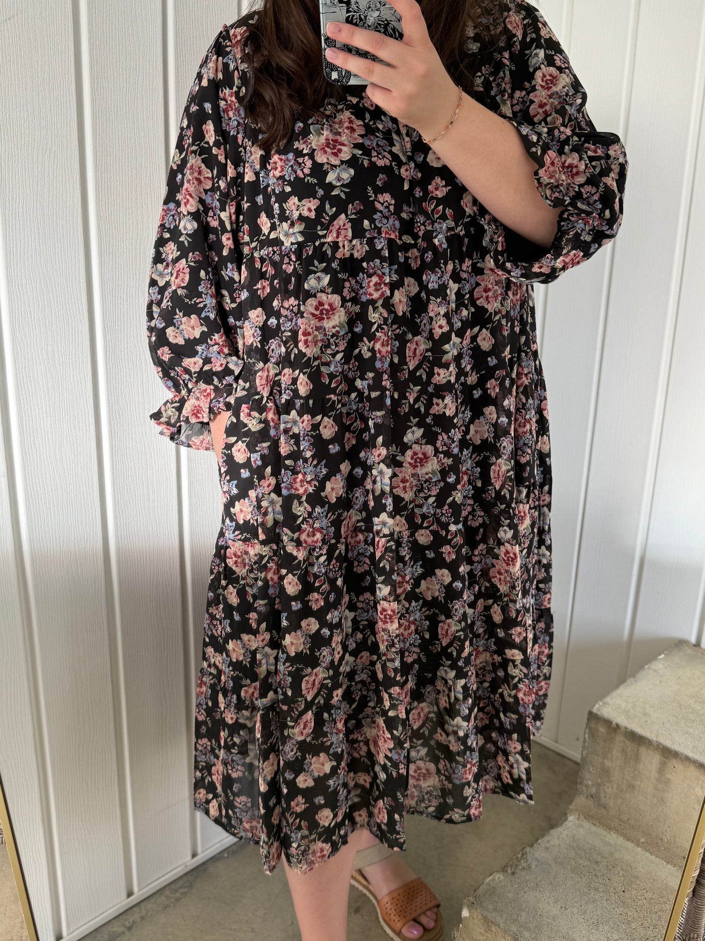 Floral Tiered Black Dress