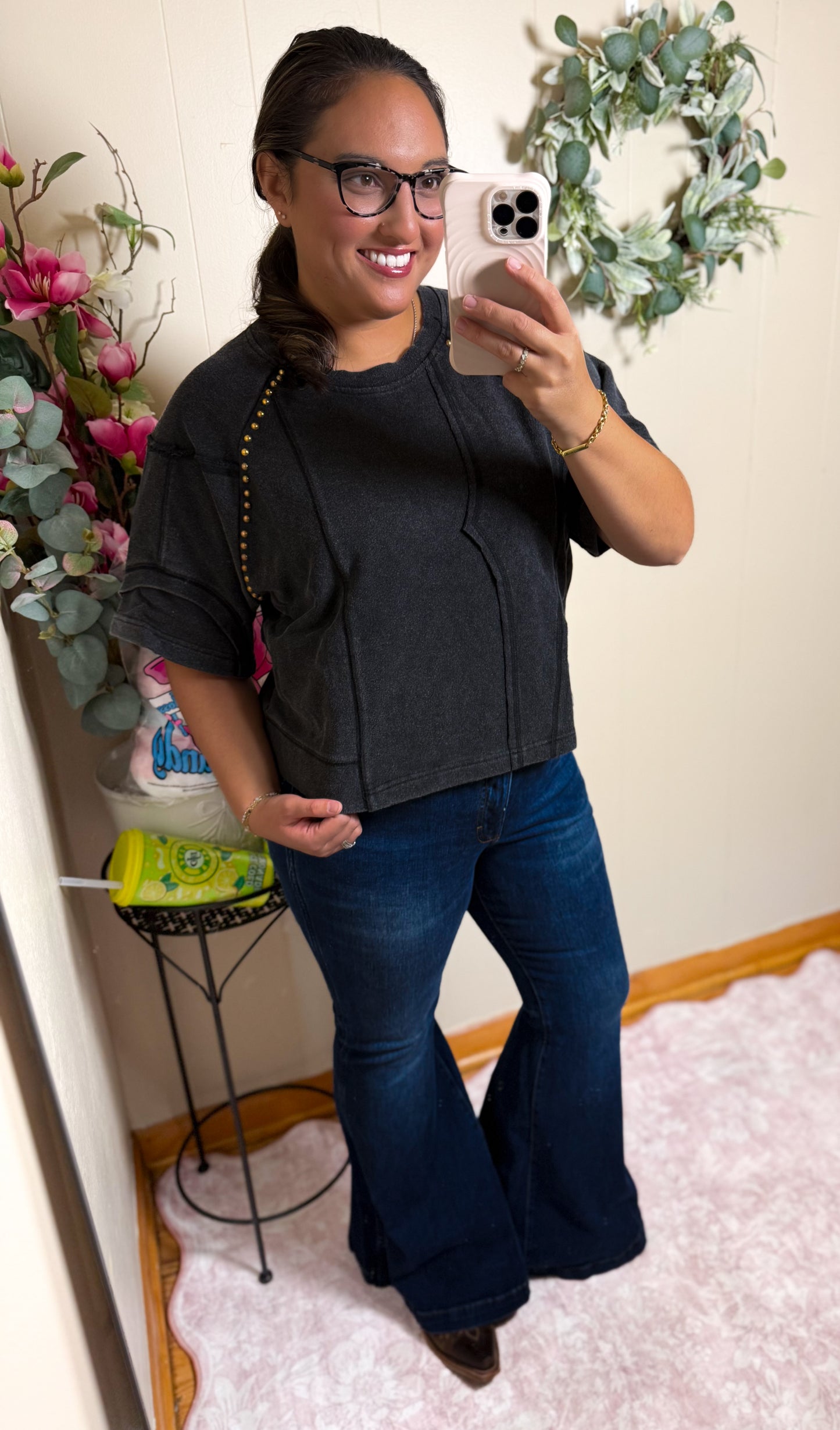 The Retro Studded Top- Charcoal