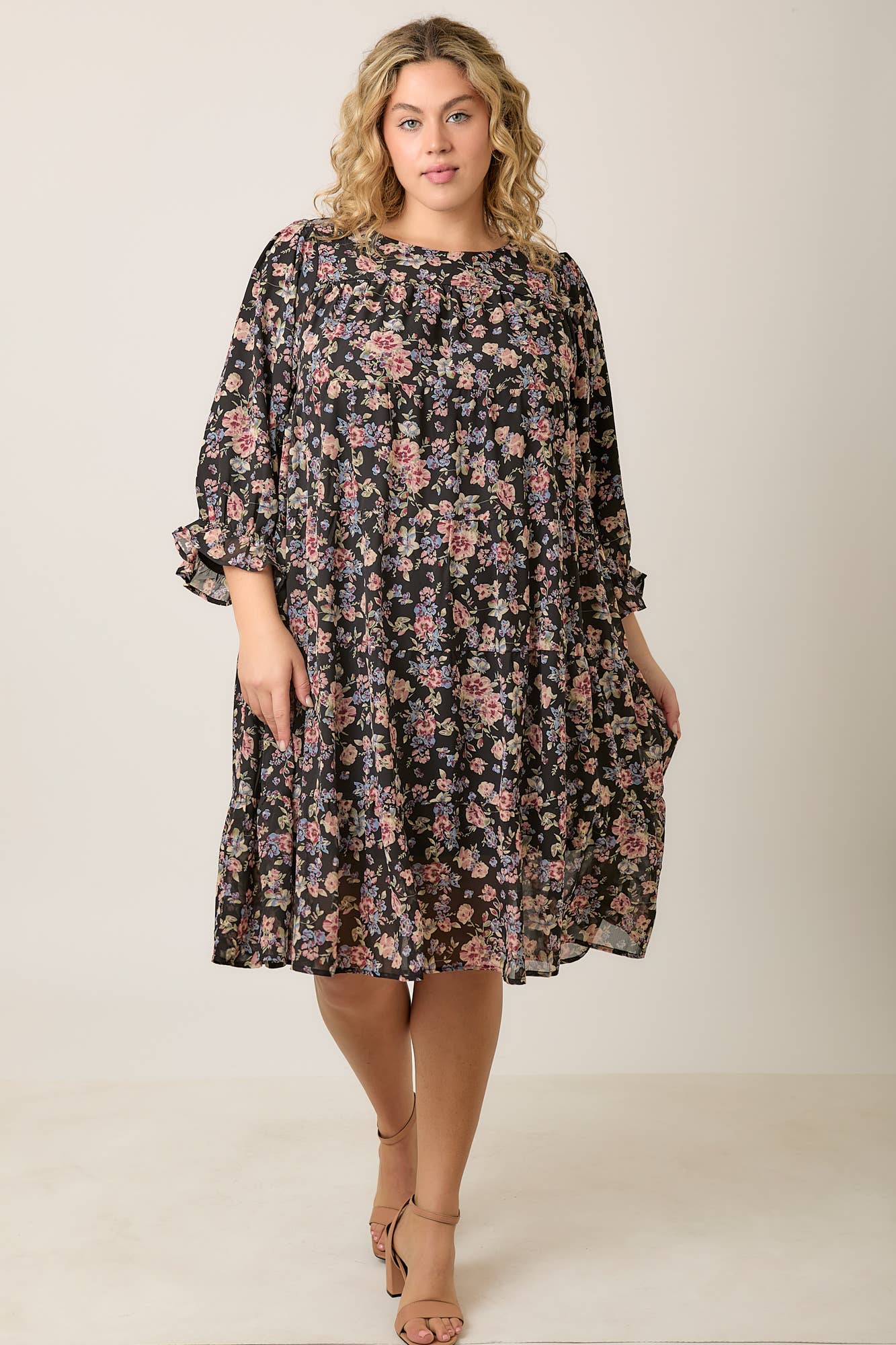 Floral Tiered Black Dress
