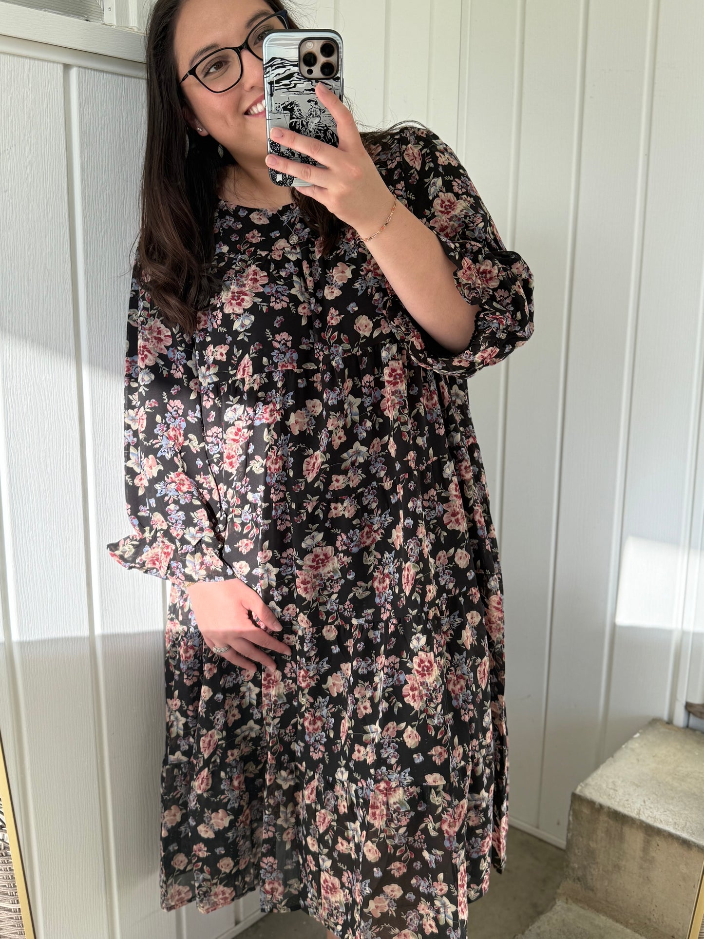 Floral Tiered Black Dress