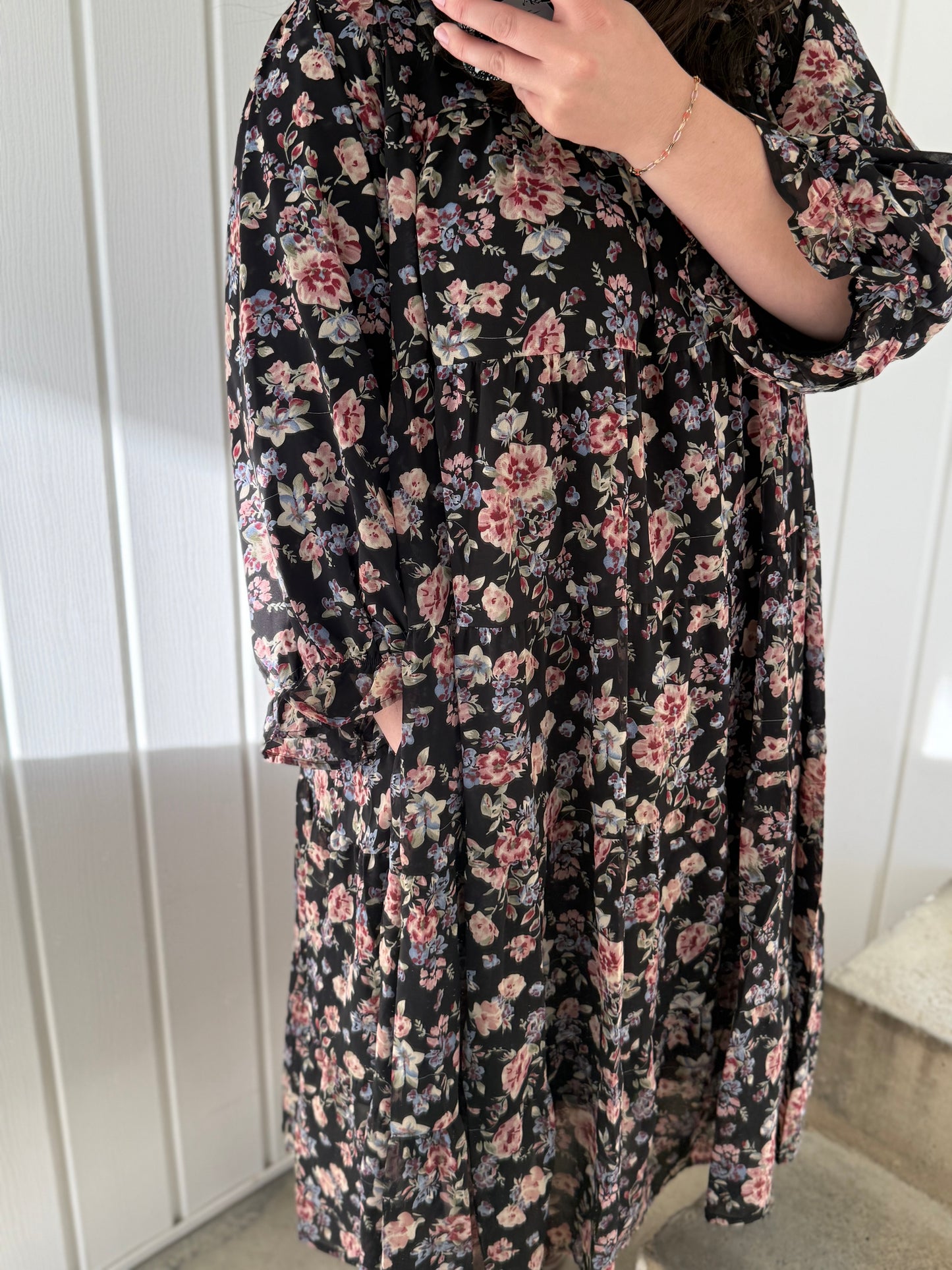 Floral Tiered Black Dress