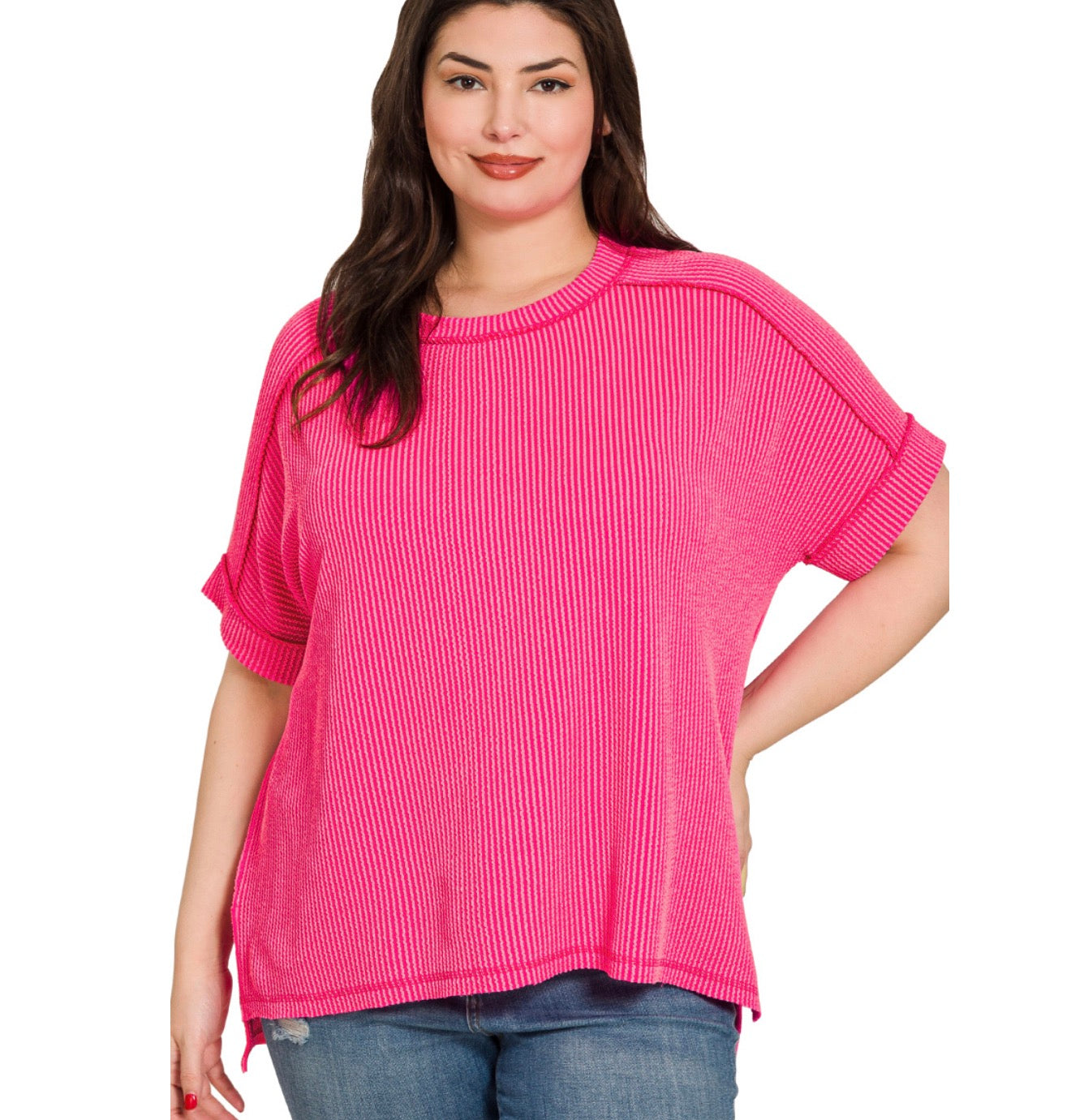 Plus Cuffed Cotton Candy Top- Neon Hot Pink