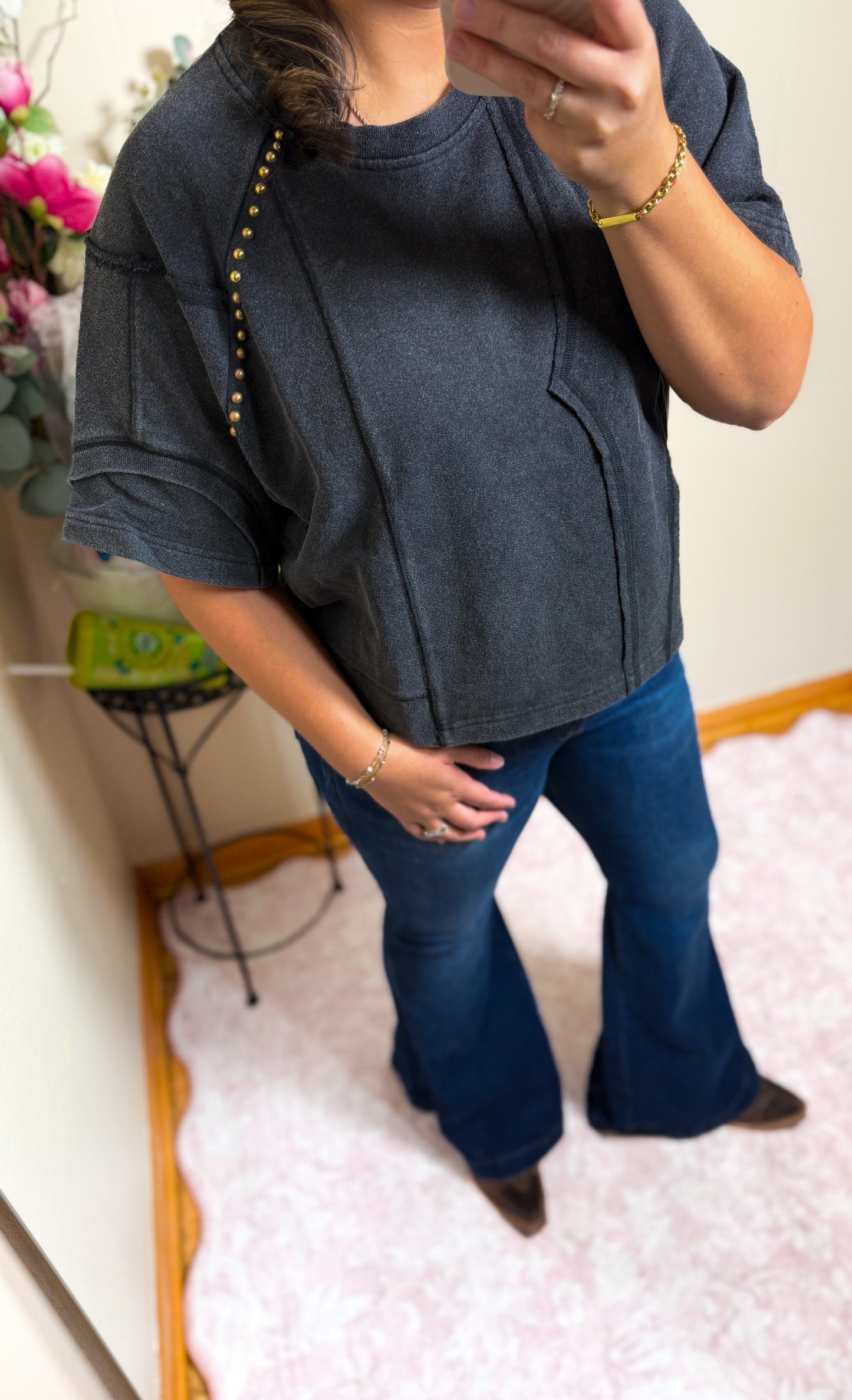 The Retro Studded Top- Charcoal