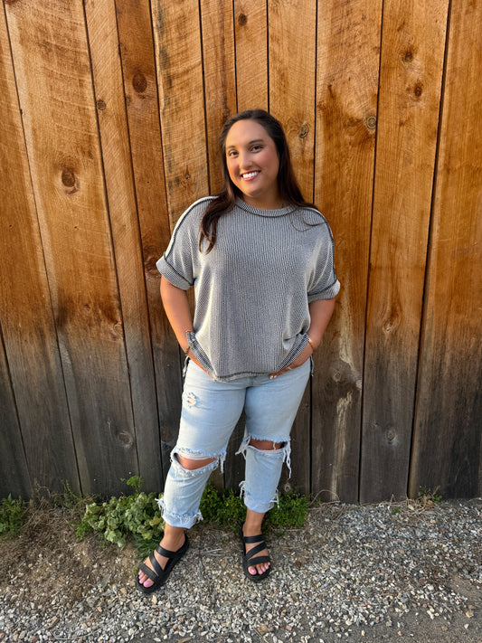 Cuffed Classic Contrast Top- Black/White