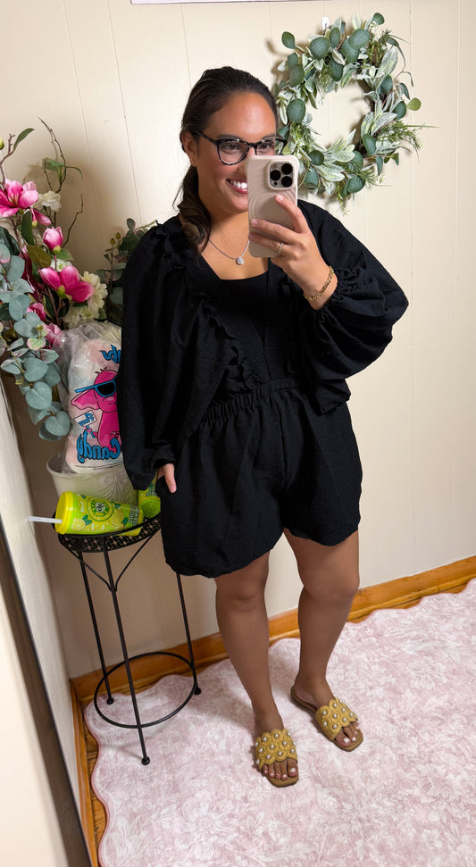 The Smocked Ruffle Romper- Black