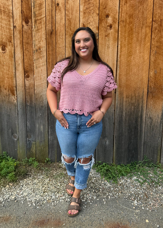 Petal Bloom Crochet Top- Dusty Pink