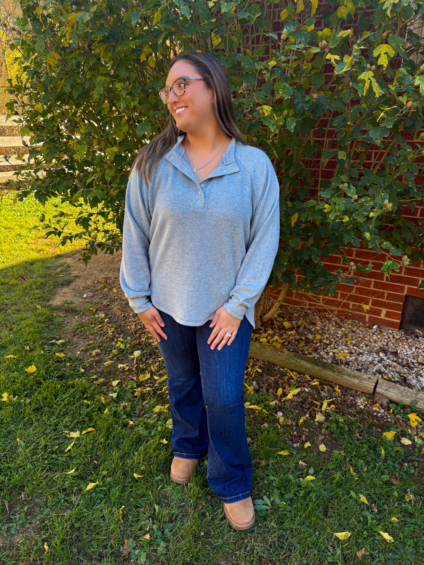 Cozy Snap Fleece Henley Pullover- Blue Grey