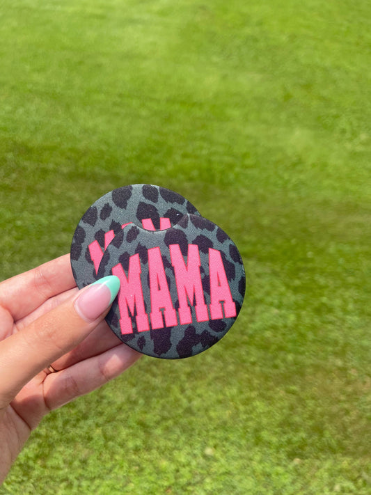 Mama Varsity Leopard Car Coaster Set- Pink