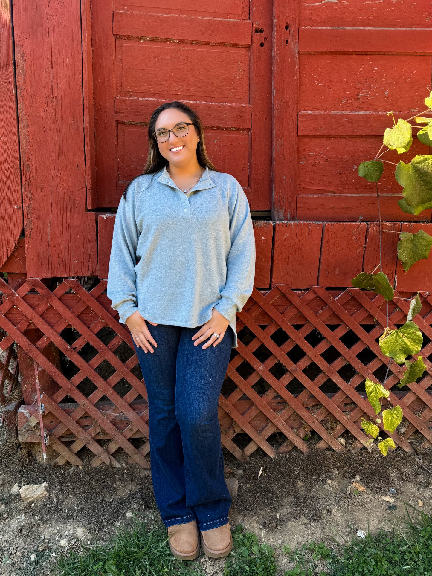 Cozy Snap Fleece Henley Pullover- Blue Grey