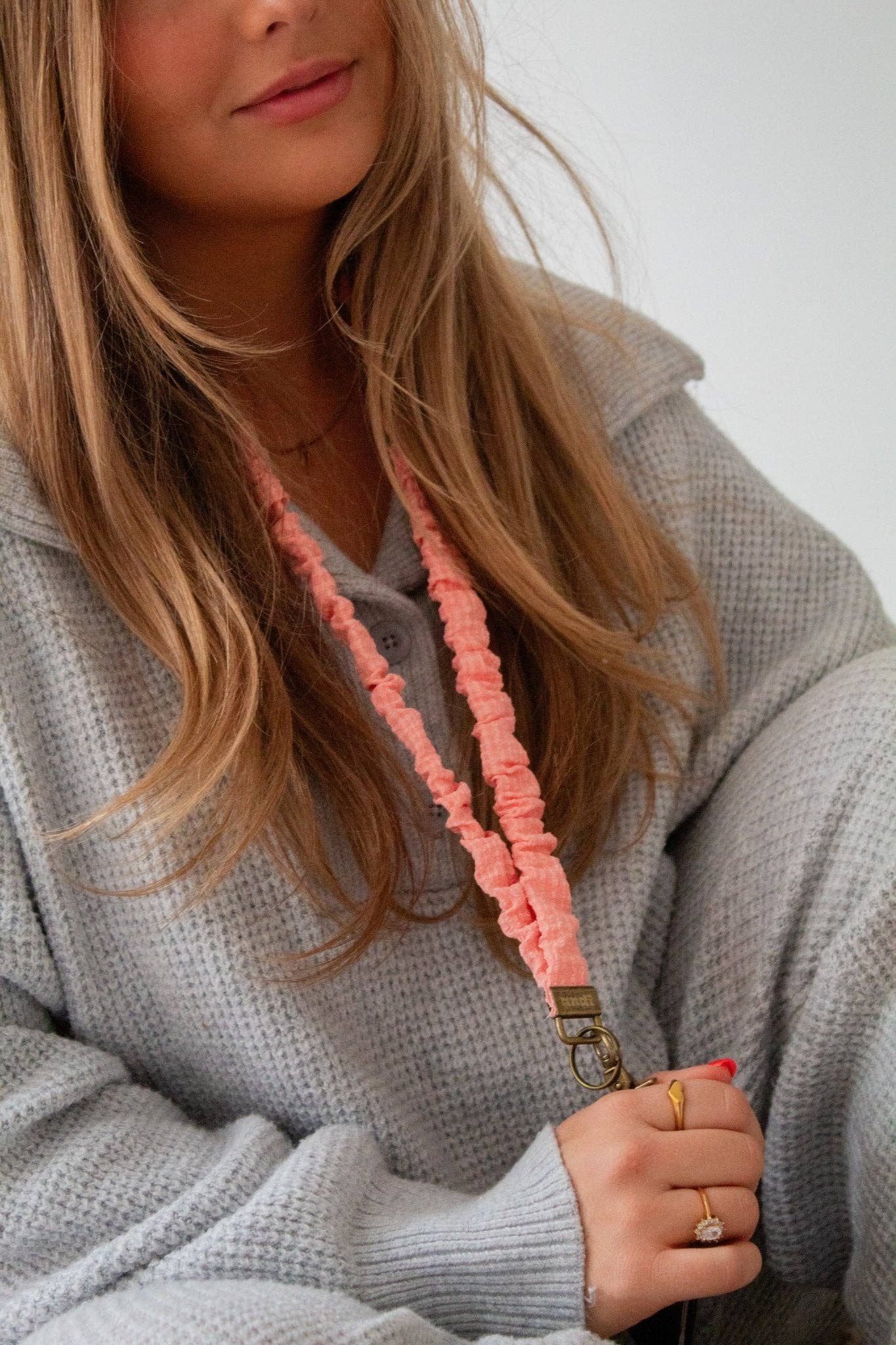 Coral Gingham Scrunchie Lanyard