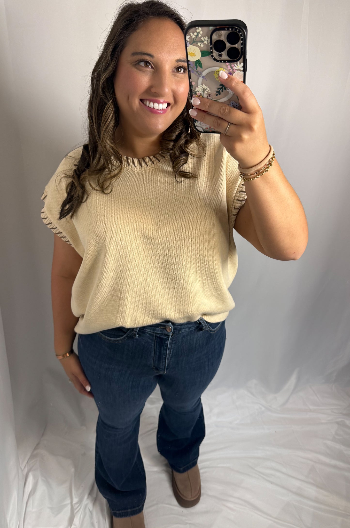 Stitched in Style Top- Cream Beige/Mocha