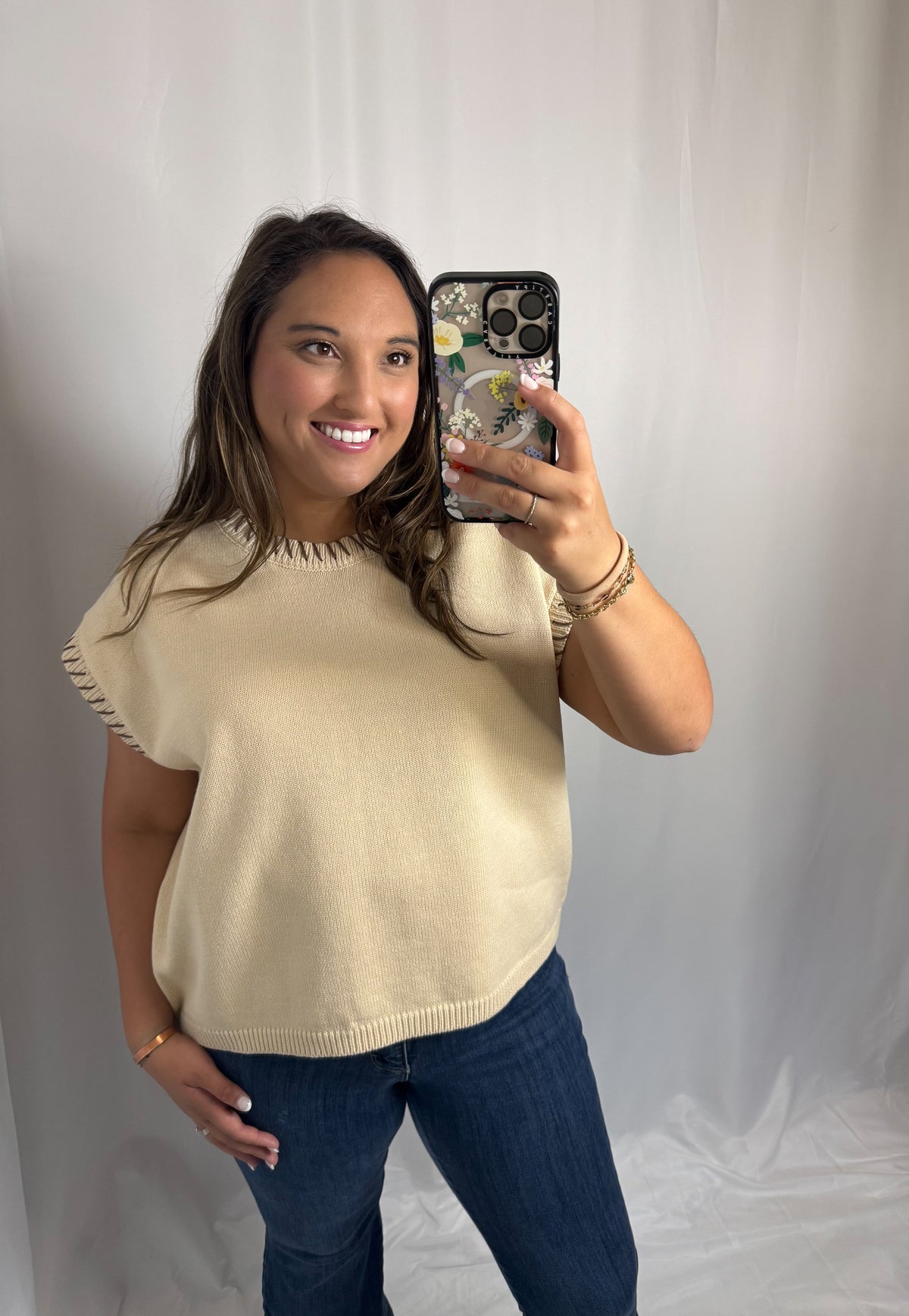 Stitched in Style Top- Cream Beige/Mocha