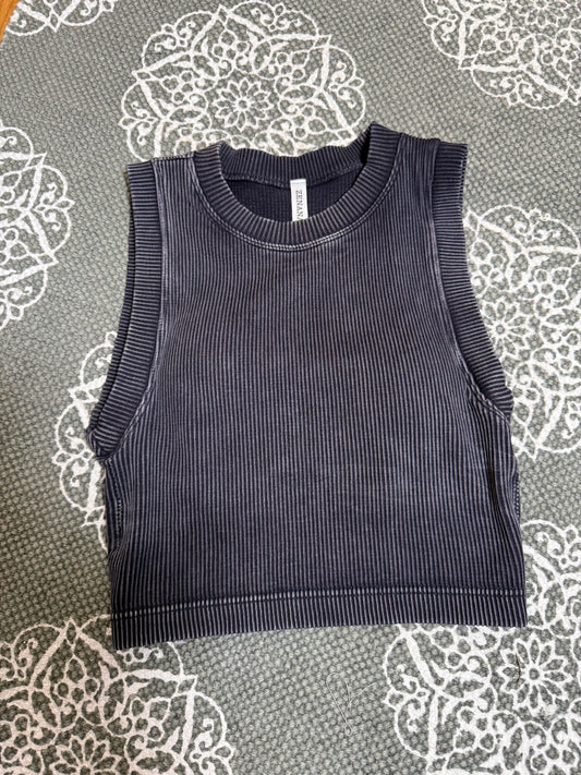 Black Washed Ribbed Seamless Crop Top With Bra Pad