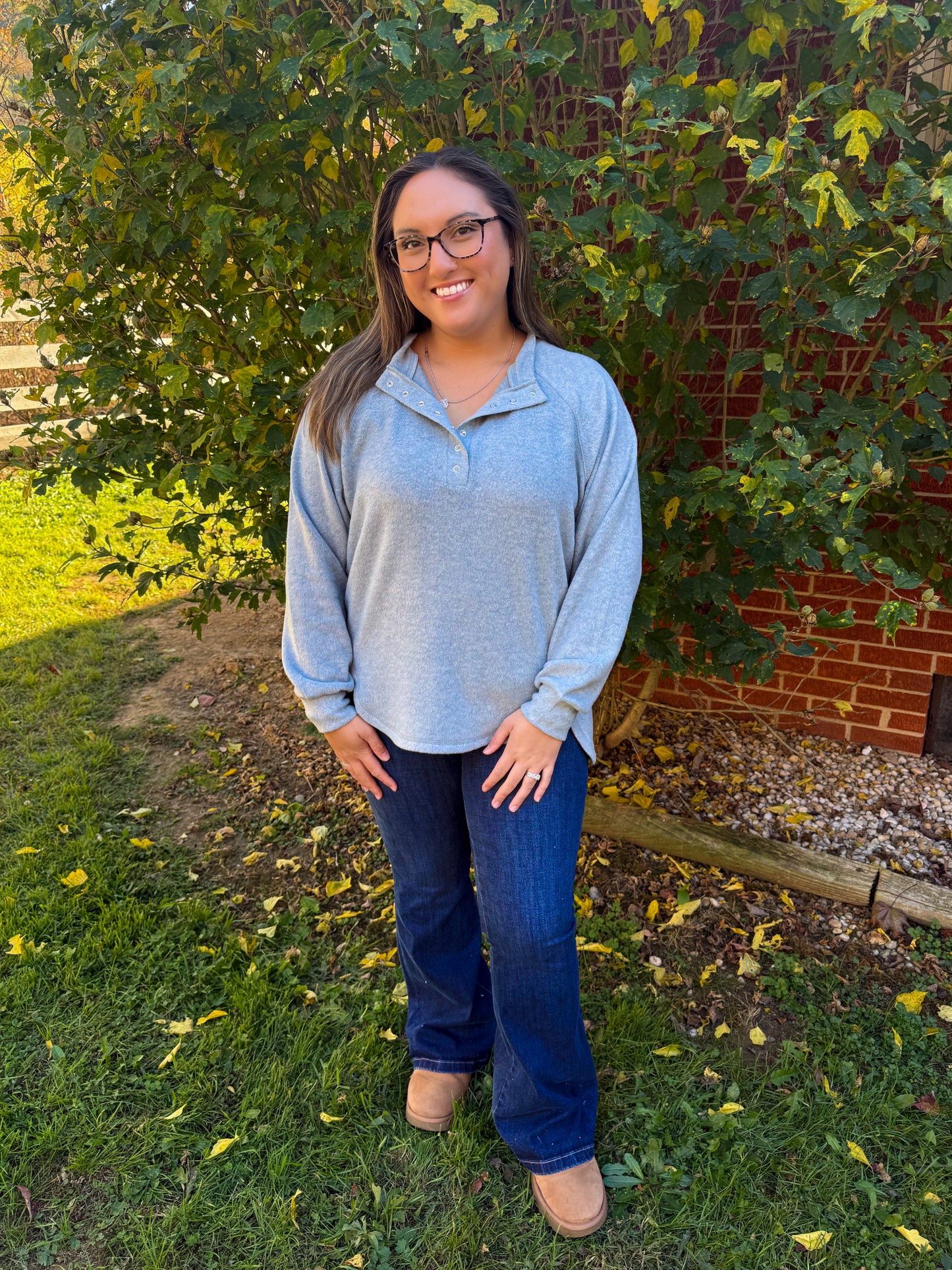 Cozy Snap Fleece Henley Pullover- Blue Grey