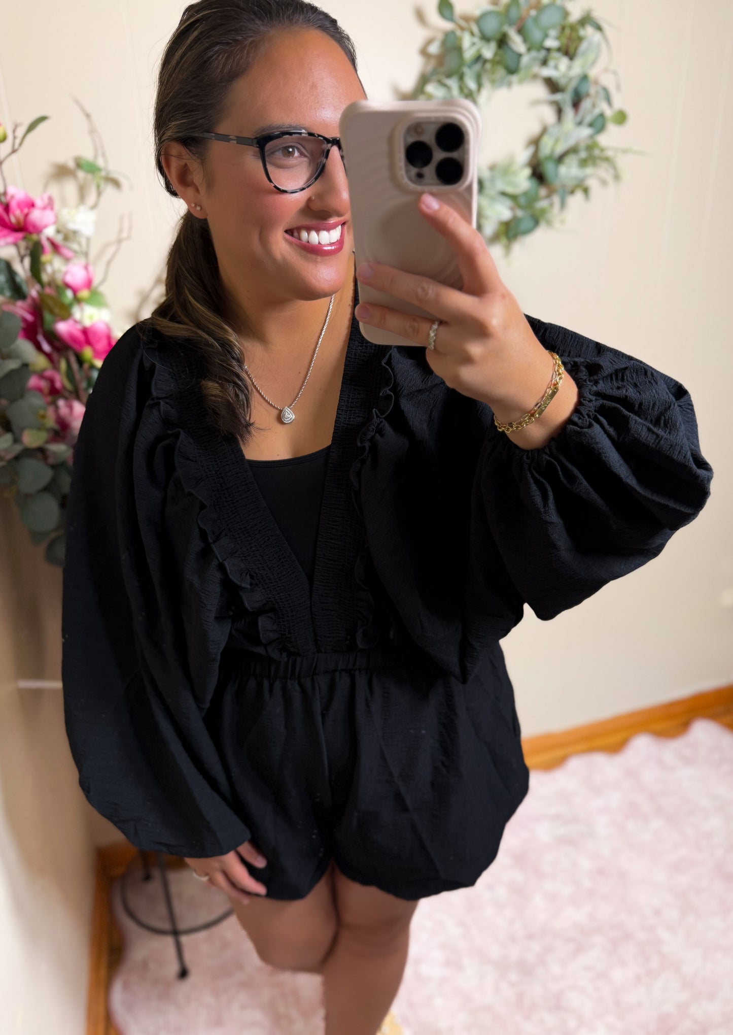 The Smocked Ruffle Romper- Black