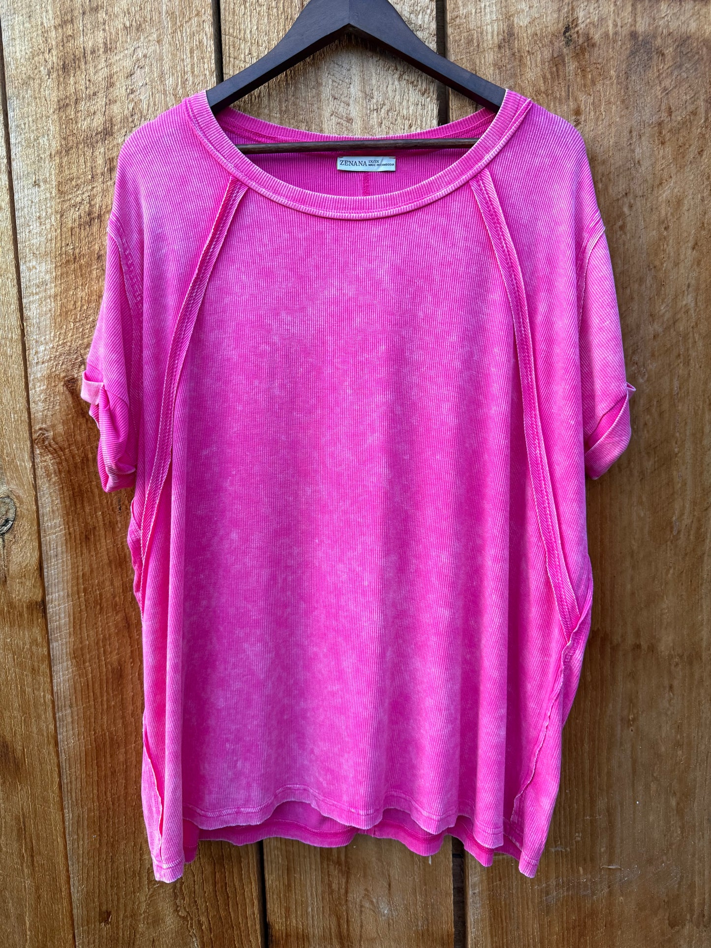 Plus Washed Ribbed Round Top- Hot Pink