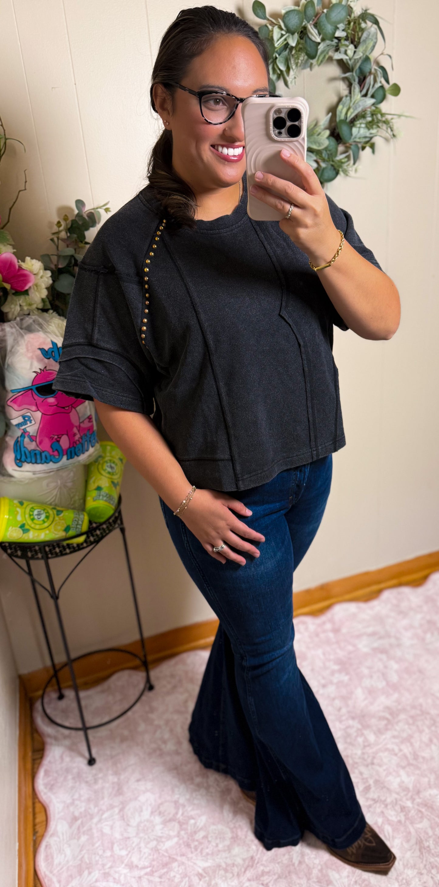 The Retro Studded Top- Charcoal