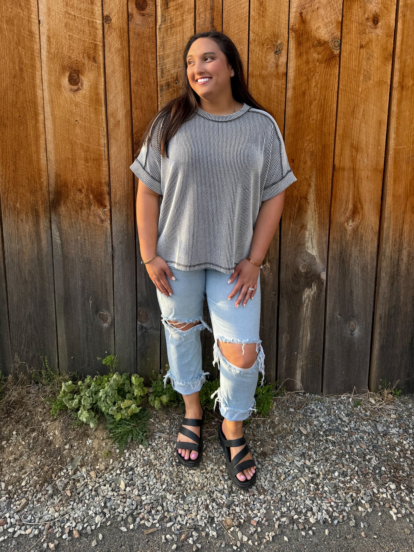 Cuffed Classic Contrast Top- Black/White