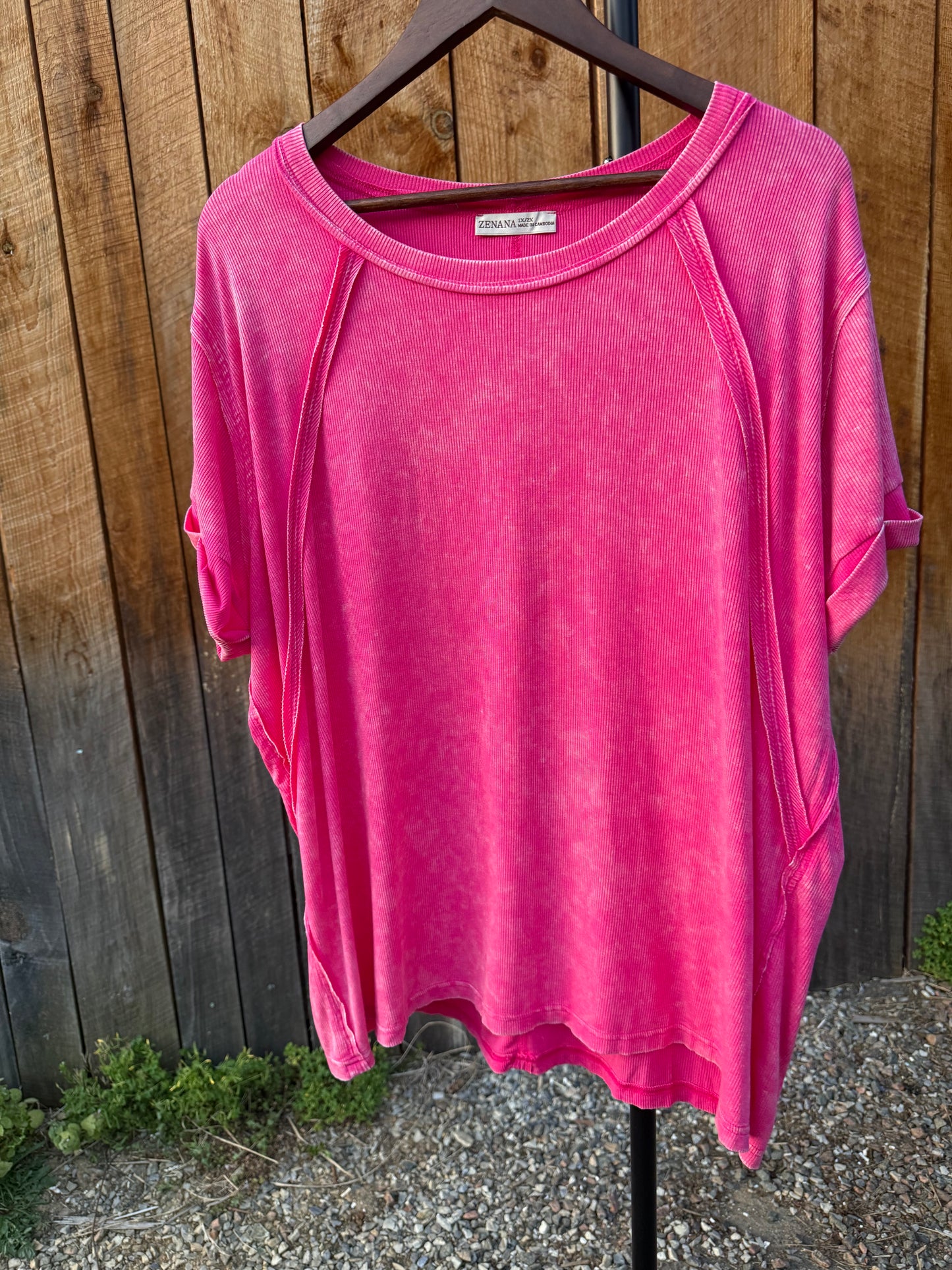 Plus Washed Ribbed Round Top- Hot Pink