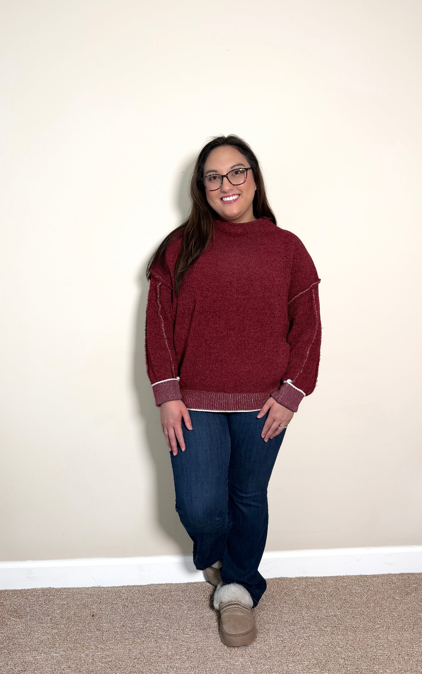 Vintage Velvet Mock-Neck Sweater- Cabernet