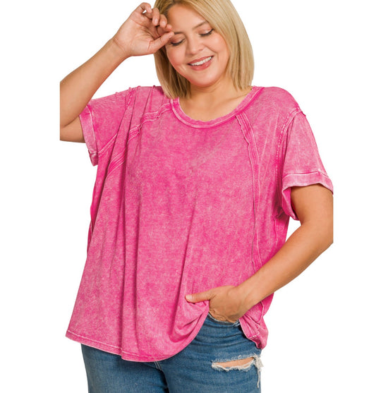 Plus Washed Ribbed Round Top- Hot Pink