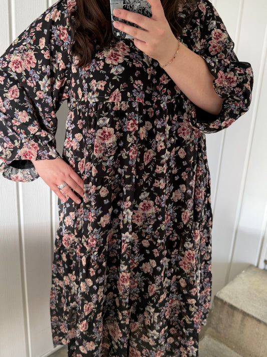 Floral Tiered Black Dress