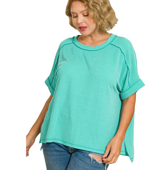 Plus Cuffed Cotton Candy Top- Turquoise