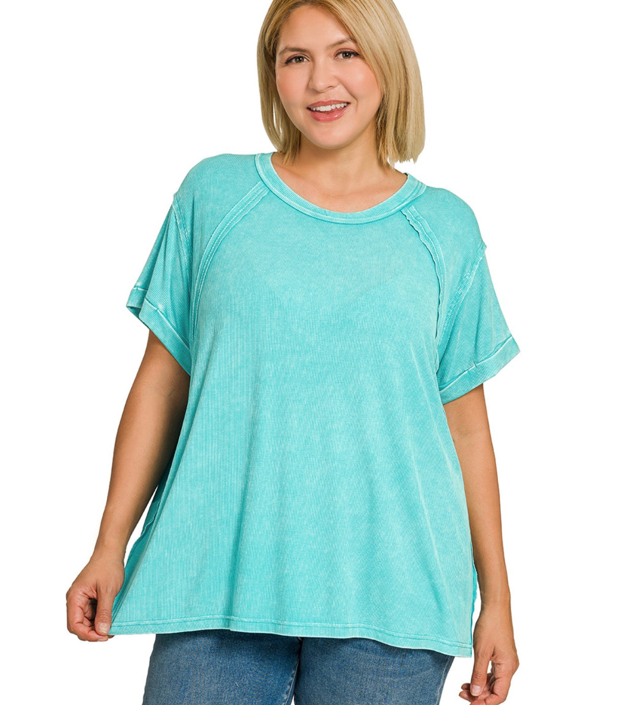 Plus Washed Ribbed Round Top- Turquoise